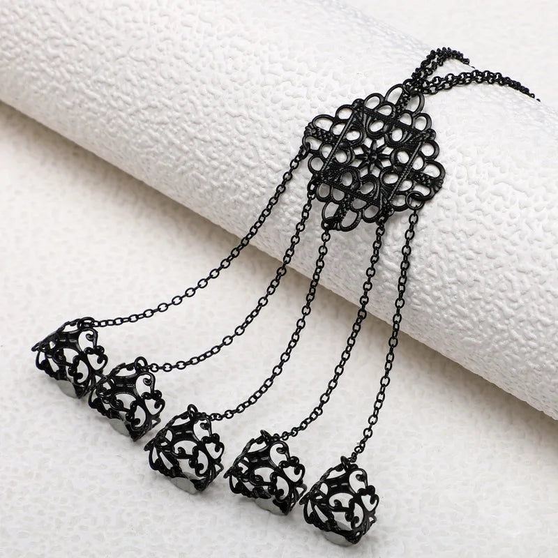 Gothic Exquisite Pattern Finger Bracelet for Women Vintage Hollow Out Metal Nail Tassel Chain Punk Accessories Fashion Jewelry