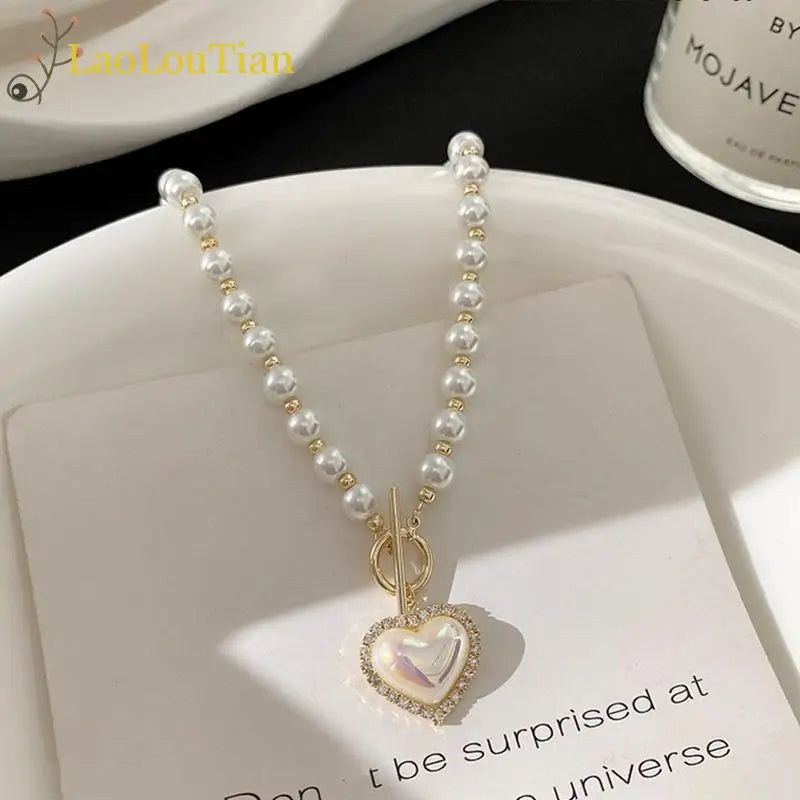 Elegant Pearl Beads Necklace Heart Pendant Necklace