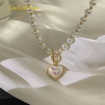 Elegant Pearl Beads Necklace Heart Pendant Necklace