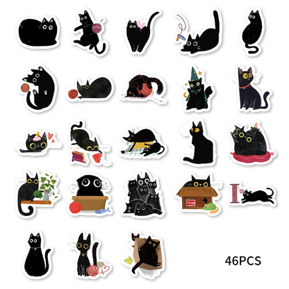 CAWPURI 45pcs/Box Black Cat Stickers Waterproof DIY Computer Washi Scrapbooking for Water Battle Creative Stationery