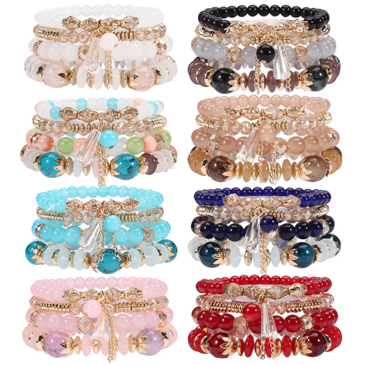 Bohemian Stackable Bead Bracelets for Women Multilayered Bracelet Pendant Charm Stretch Bangles