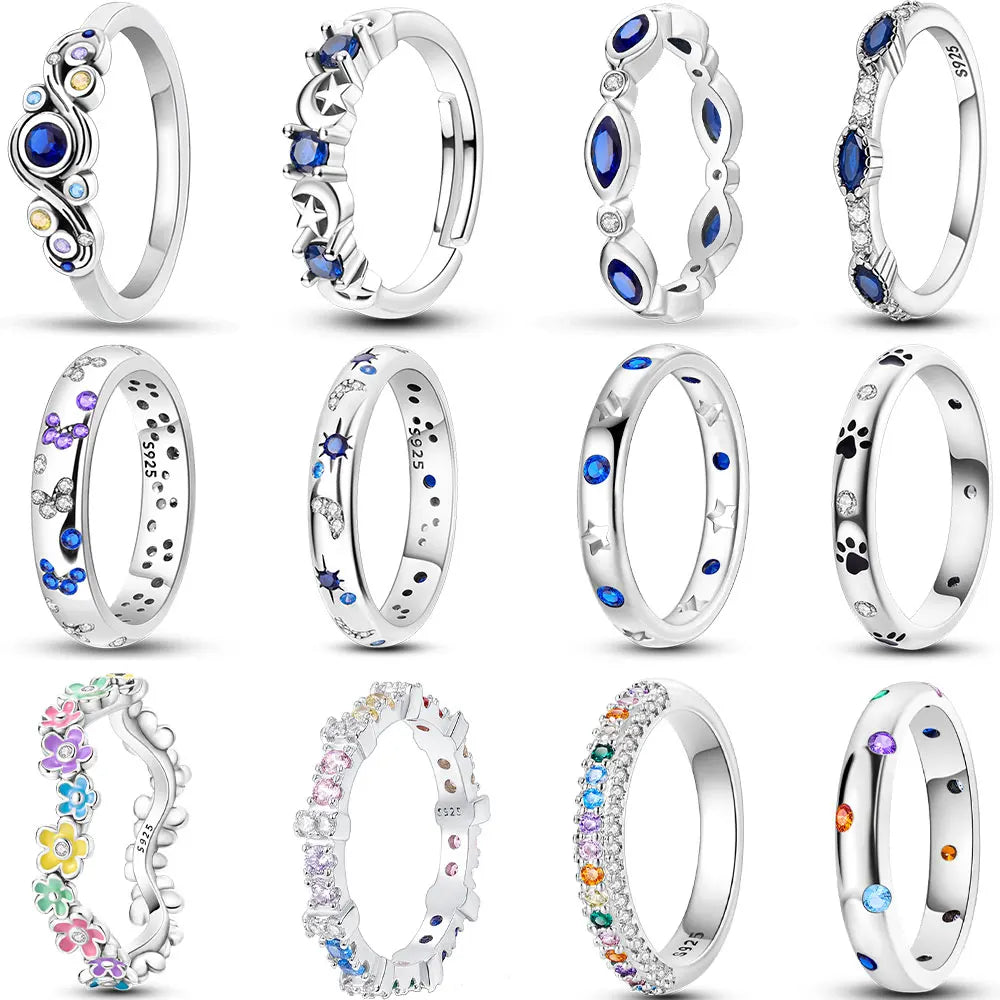 925 Sterling Silver Rings For Women Colorful Original Zircon Stackable Ring Festival Gifts Sparkling Jewelry