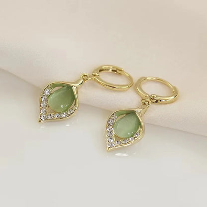 Elegant Shiny Zircon Earrings White Green Moonlight Cat Eye Stone Earrings