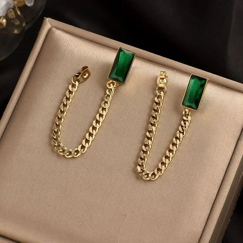 Classic Geometric Rectangle Green Crystal Stainless Steel Chain Tassel Earrings