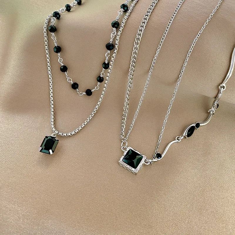 Black Square Pendant Double Layer Necklaces