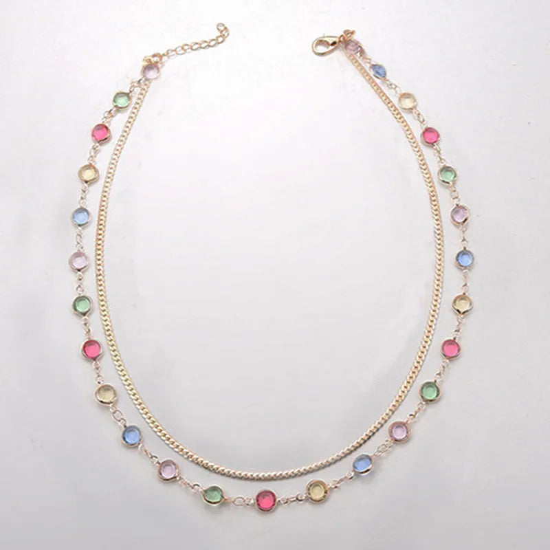 Boho Multicolor Crystal Stone Link Chain Necklace For Women Fashion Gold Color Multilayered Beaded Necklaces Party Jewelry