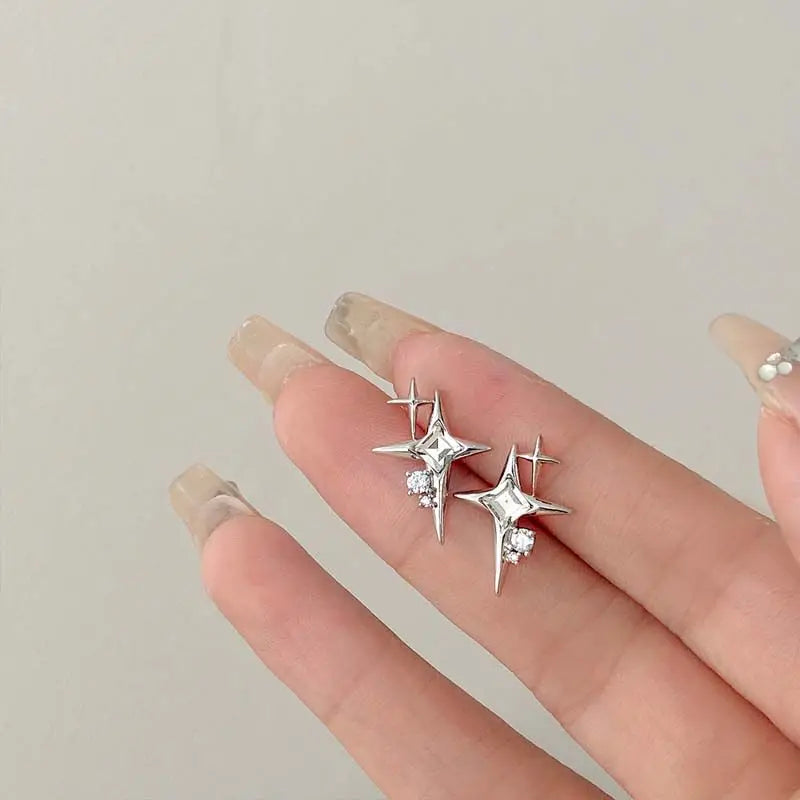 Silver Color Cross Star Zircon Stud Earrings Four-Pointed Star Personality Earrings