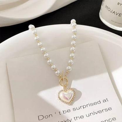 Elegant Pearl Beads Necklace Heart Pendant Necklace