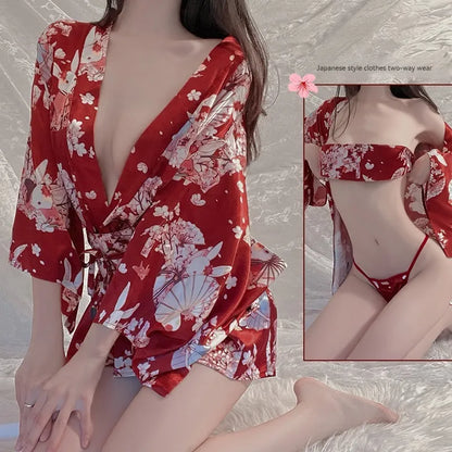 Fun Lingerie Sexy Deep V Allure Japanese Printed Thin Kimono Uniform Bed Set Ethnic Clothing Cardigan Pajama