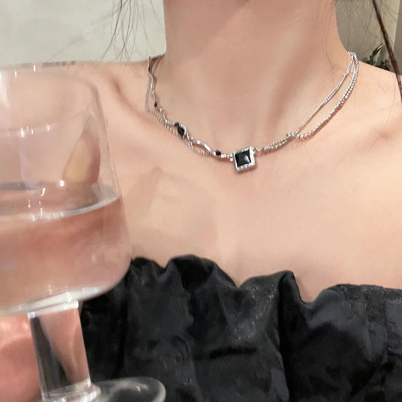 Black Square Pendant Double Layer Necklaces