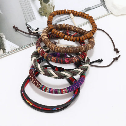 4Pcs/ Set Braided Wrap Leather Bracelets for Men Vintage Life Tree Rudder Charm Wood Beads Ethnic Tribal Wristband Rope Bracelet