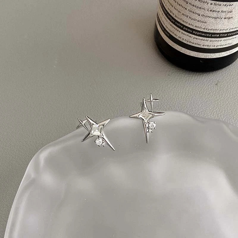 Silver Color Cross Star Zircon Stud Earrings Four-Pointed Star Personality Earrings