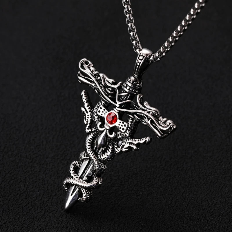 Punk Fashion Titanium Steel Necklace for Men Alloy Double Dragon Sword Pendant Choker Ring Vintage Evil Eye Cross Jewelry Gift