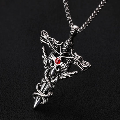 Punk Fashion Titanium Steel Necklace for Men Alloy Double Dragon Sword Pendant Choker Ring Vintage Evil Eye Cross Jewelry Gift