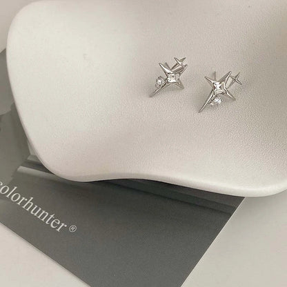 Silver Color Cross Star Zircon Stud Earrings Four-Pointed Star Personality Earrings