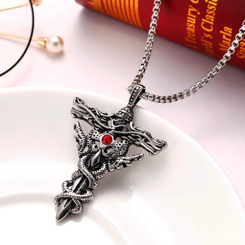 Punk Fashion Titanium Steel Necklace for Men Alloy Double Dragon Sword Pendant Choker Ring Vintage Evil Eye Cross Jewelry Gift