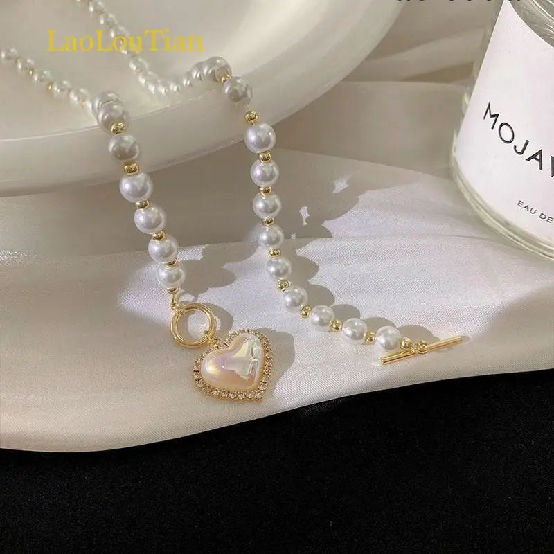 Elegant Pearl Beads Necklace Heart Pendant Necklace