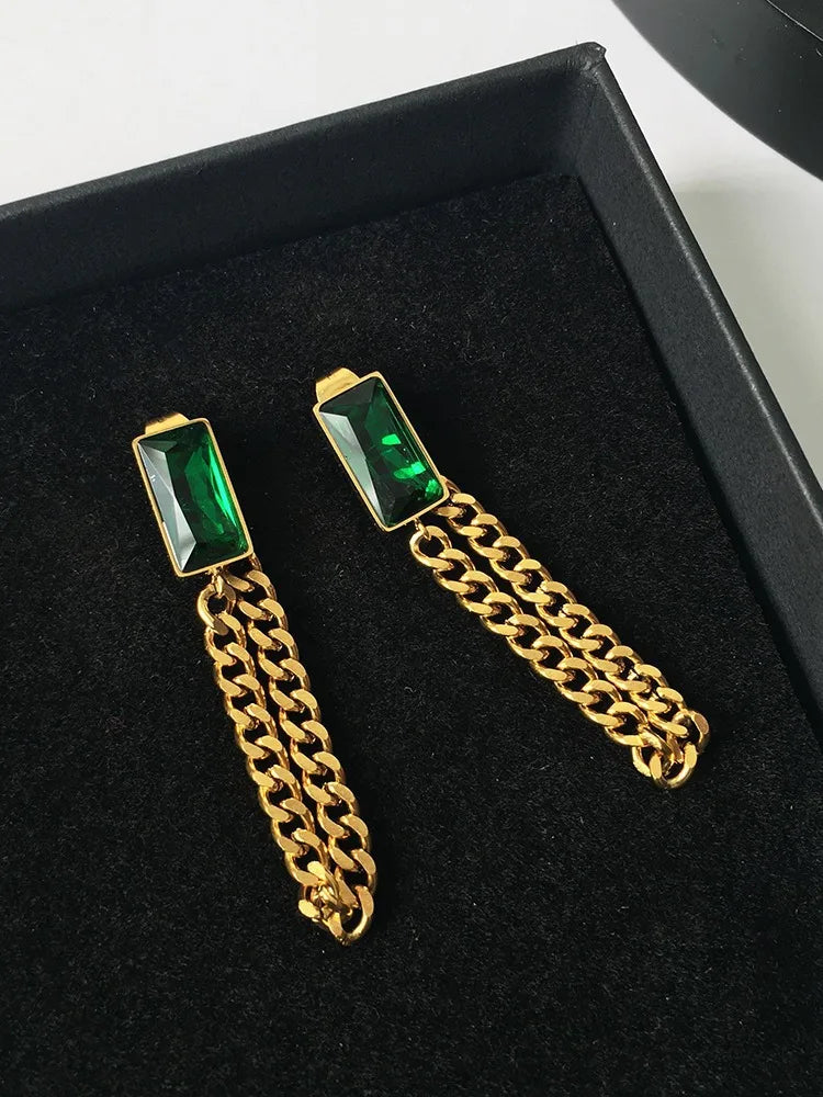 Classic Geometric Rectangle Green Crystal Stainless Steel Chain Tassel Earrings