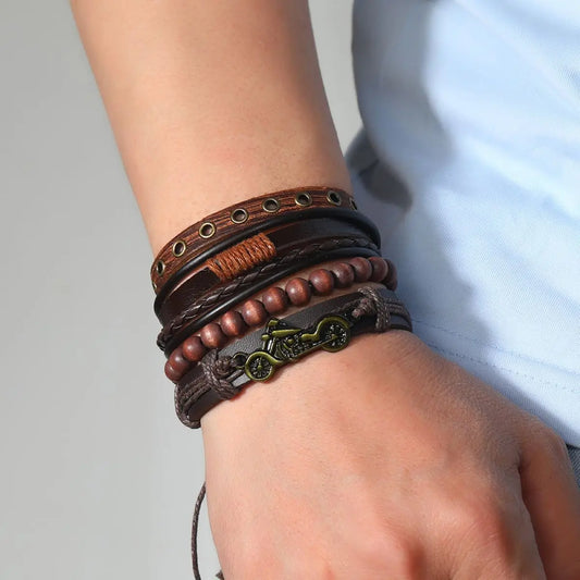 4Pcs/ Set Braided Wrap Leather Bracelets for Men Vintage Life Tree Rudder Charm Wood Beads Ethnic Tribal Wristband Rope Bracelet